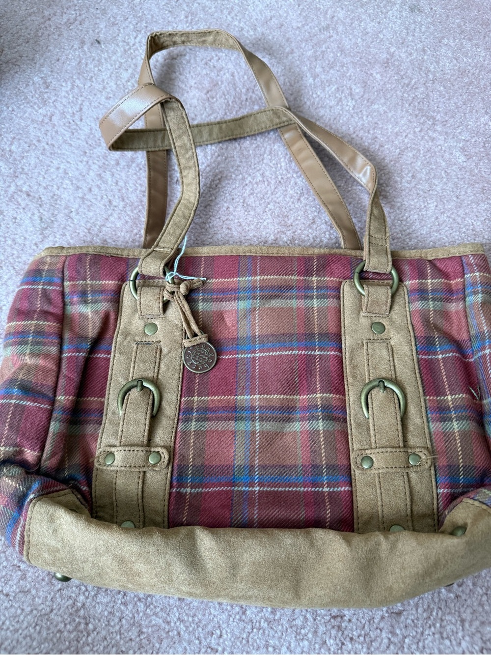 Longaberger Red Plaid Tote with Tan Trim